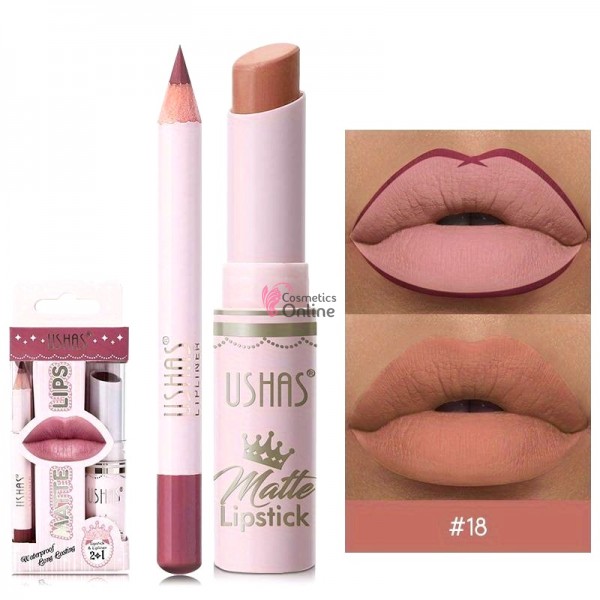 Ruj solid pentru buze 2 in1 USHAS Matte & LipLiner Cod 18 Autumn Sunset